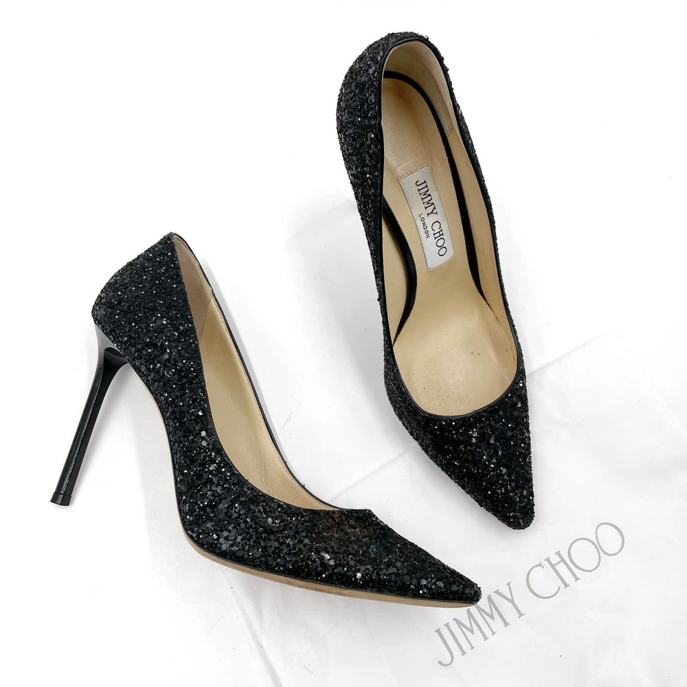 Jimmy Choo Romy 100 Glitter Pump Black Heels Sz 38.5 EU / 8.5 US